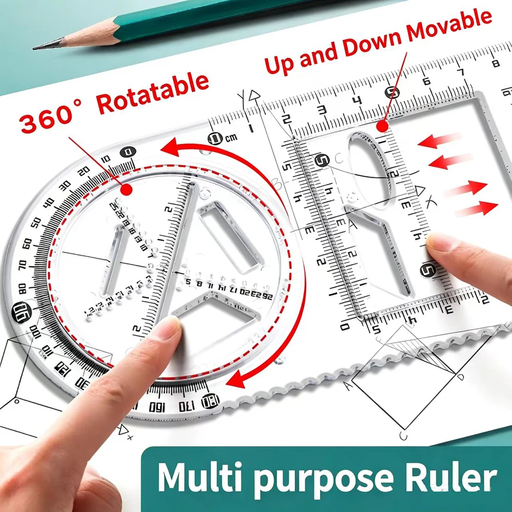 Multi functional drawing ruler, student rotatable set of mathematical functions and geometric shapes, triangular ruler