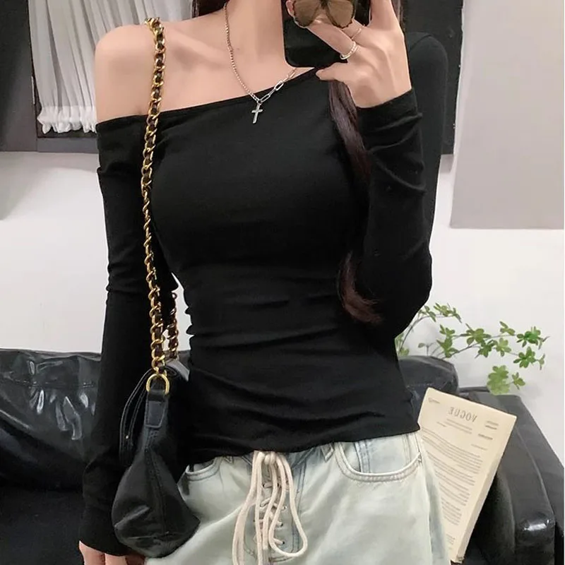 American Angled Shoulder Long Sleeve T-Shirt Women's Autumn Slim Slim Sexy Y2k Top Fashion Bottoming Top Women's Clothes