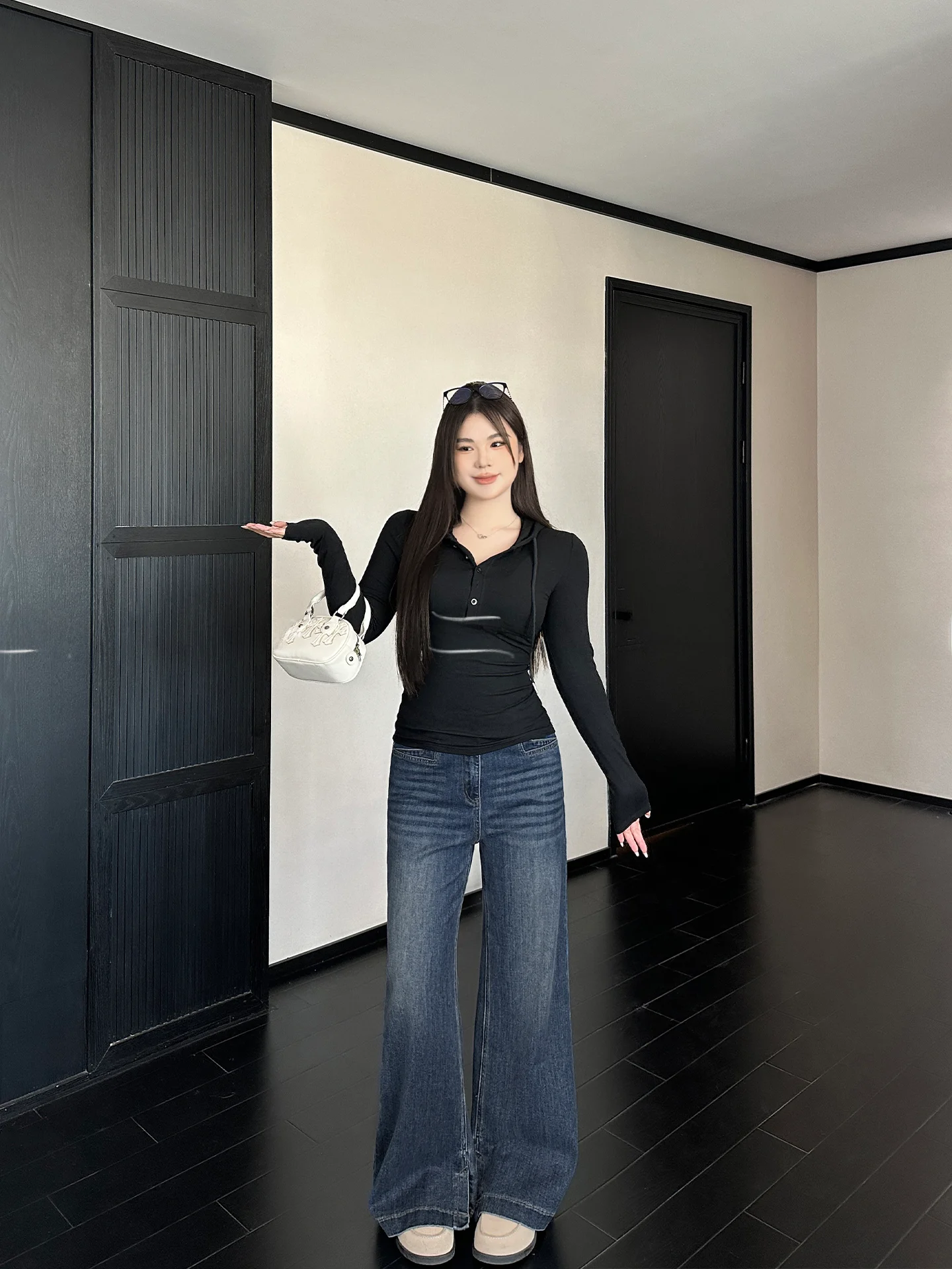 

High Waist Blue Denim Pants Women's Slim Straight Leg Bell Bot Vintage Sle Casual Wear Cotton Polyester Blend