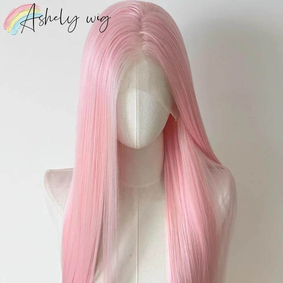 Peluca rosa claro para mujer con frente de encaje 13x4, 26 pulgadas larga lacia sintética, suave y natural, resistente al calor, para cosplay 2