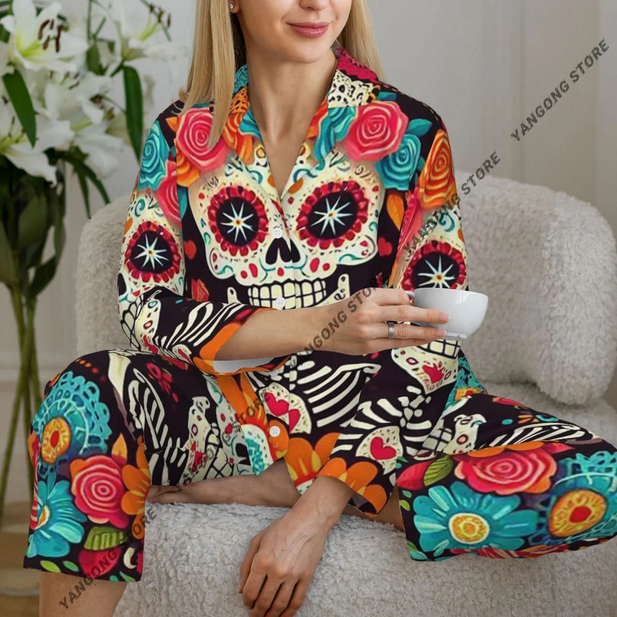 Spring and Autumn Pajama Set Women's Long Sleeve Pants Two Piece Day Of The Dead Skull Home Furnishing Set