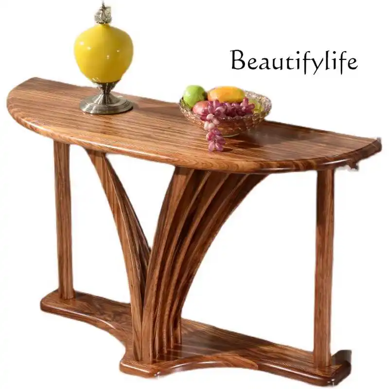 

Ebony home decoration table foyer all solid wood base entrance table Nordic semicircular bonsai rack
