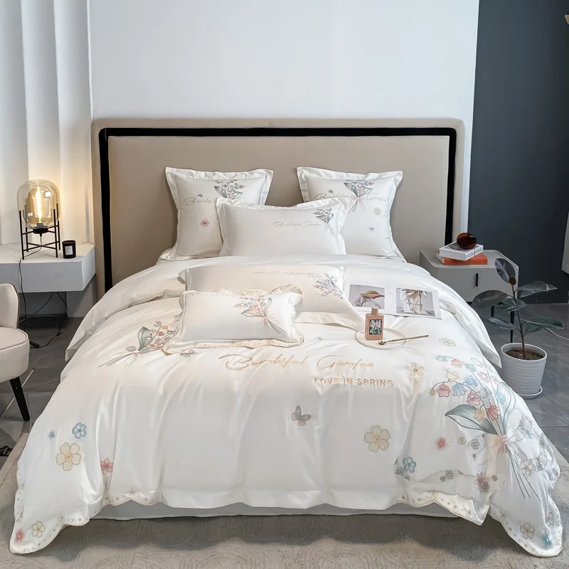 

Luxurious White Embroidery Cotton Bedding Set Duvet Cover Bed Linen Fitted Sheet Pillowcases Home Textiles