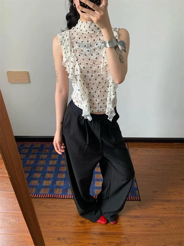 Romantic Rebel Chic Lace See-through Outerwear Women's Crop Top Vest Breathable Half High Collar Regular Thickness Summer Casual