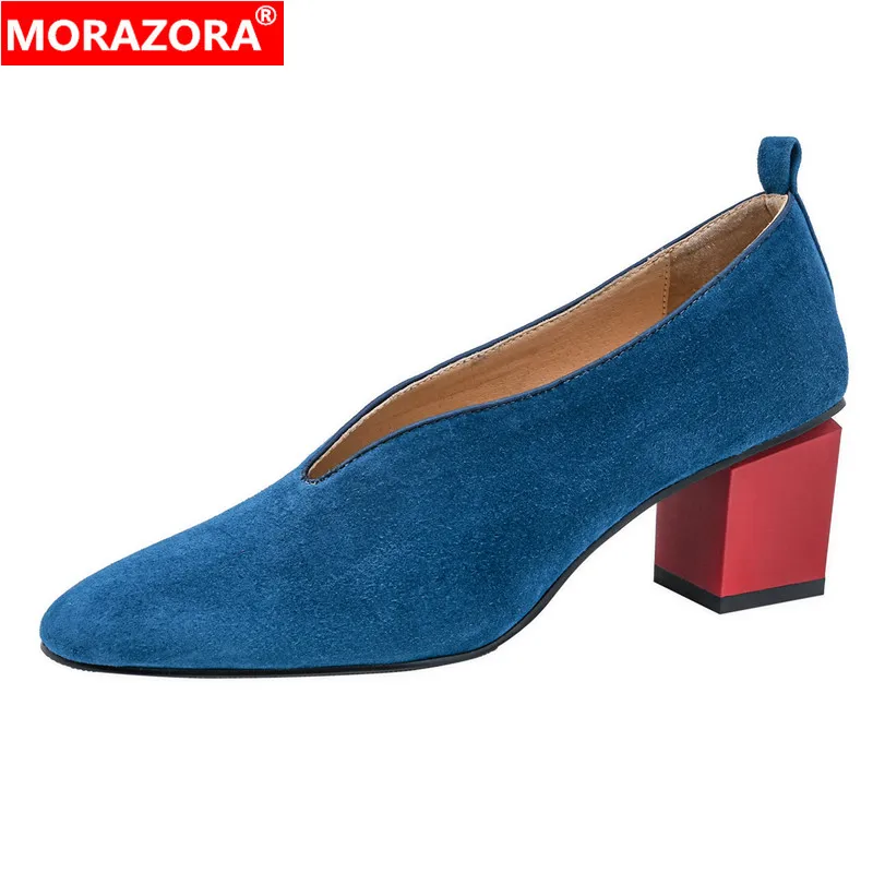 

MORAZORA 2024 New Women's Shoes Genuine Leather Pumps Slip On Square High Heels Ladies Party Dress Shoes Handmade Footwear