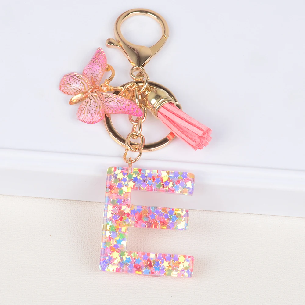 26 English Alphabet Letter Tassels Keychain Crystal Acrylic Butterfly Pendent Key Chain Women Gift Fashion Jewelry Accessories