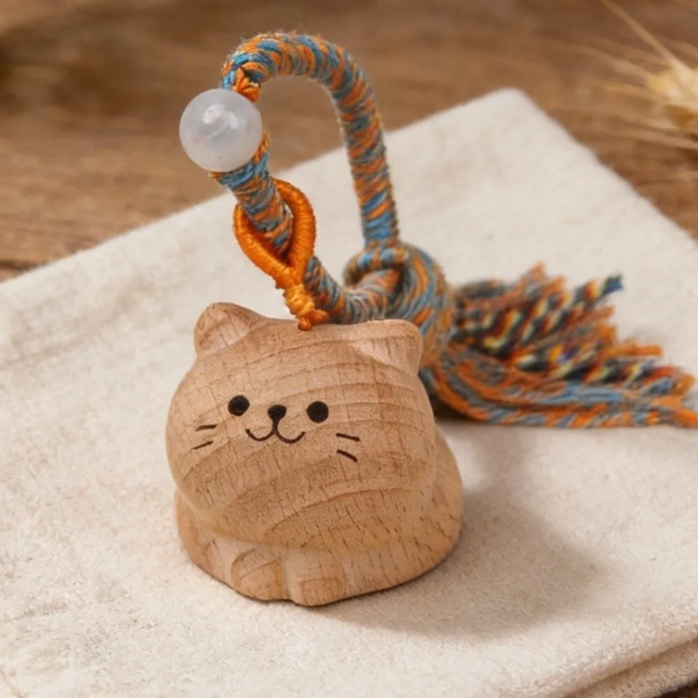 Handcrafted Wooden Cat Pendant Keychain Tassel Detail Art Money Catching Cat Pendant Hand Carved Bag Pendant Charm