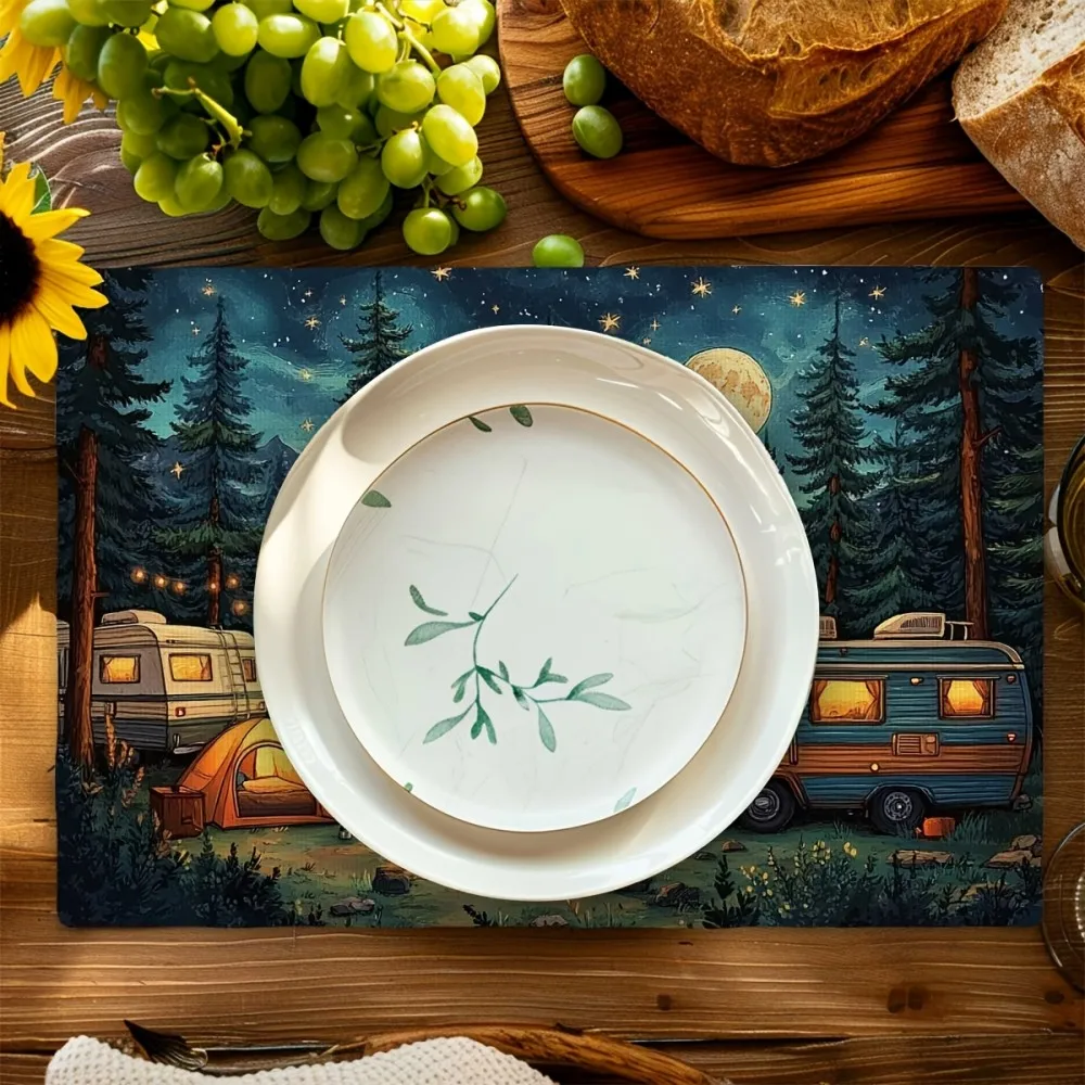

Коврик для стола VIKAMA Night Camping с лесным принтом, противоскользящий коврик для еды в стиле ретро, используемый для украшения стола в сельском стиле в стиле ретро, кухонный стол