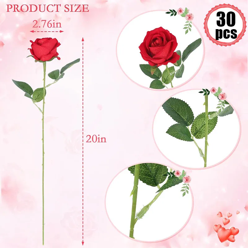 30 Pcs Velvet Rose Artificial Flowers with Long Stems Real Touch Fake Silk Roses Florals for Wedding Bouquet Party Home Decor