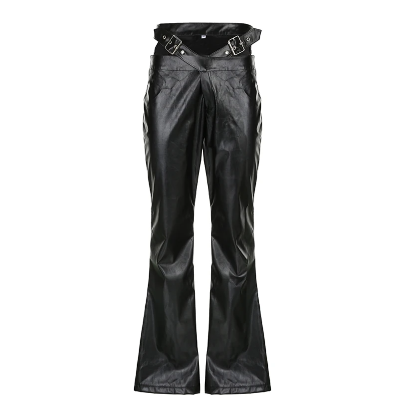 Punk Dark Lace Splicing Slit Women's Bell-bottoms Autumn New Design Black Buckle Strap Sweet Cool Hot Girl Leather Pants Ladies