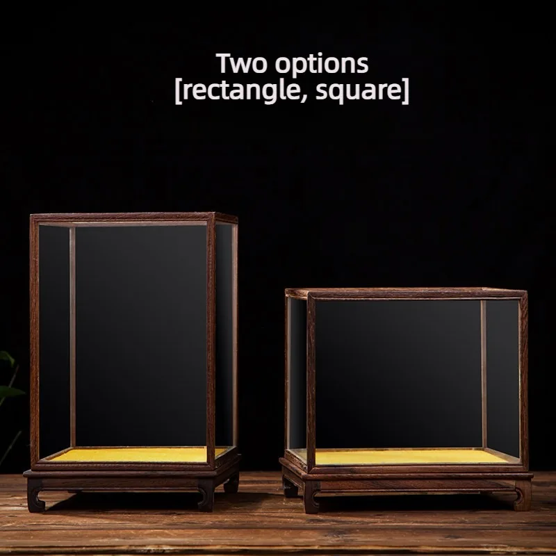 Wooden Glass Display Case, Rosewood‑Style Dust Proof Protective Cover, Transparent Showcase for Buddha Statue Antique Ornaments