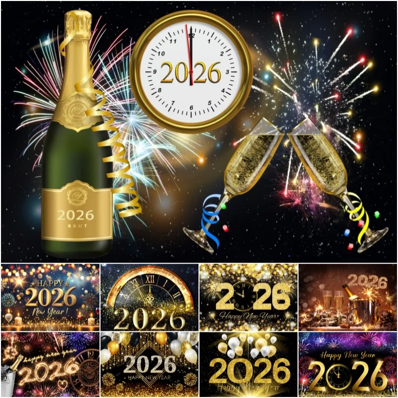 2026 Happy New Year Photo Photography Backdrop Golden Balloon Wine Glasses Clock Home Party Decor Background Studio Shoots Props