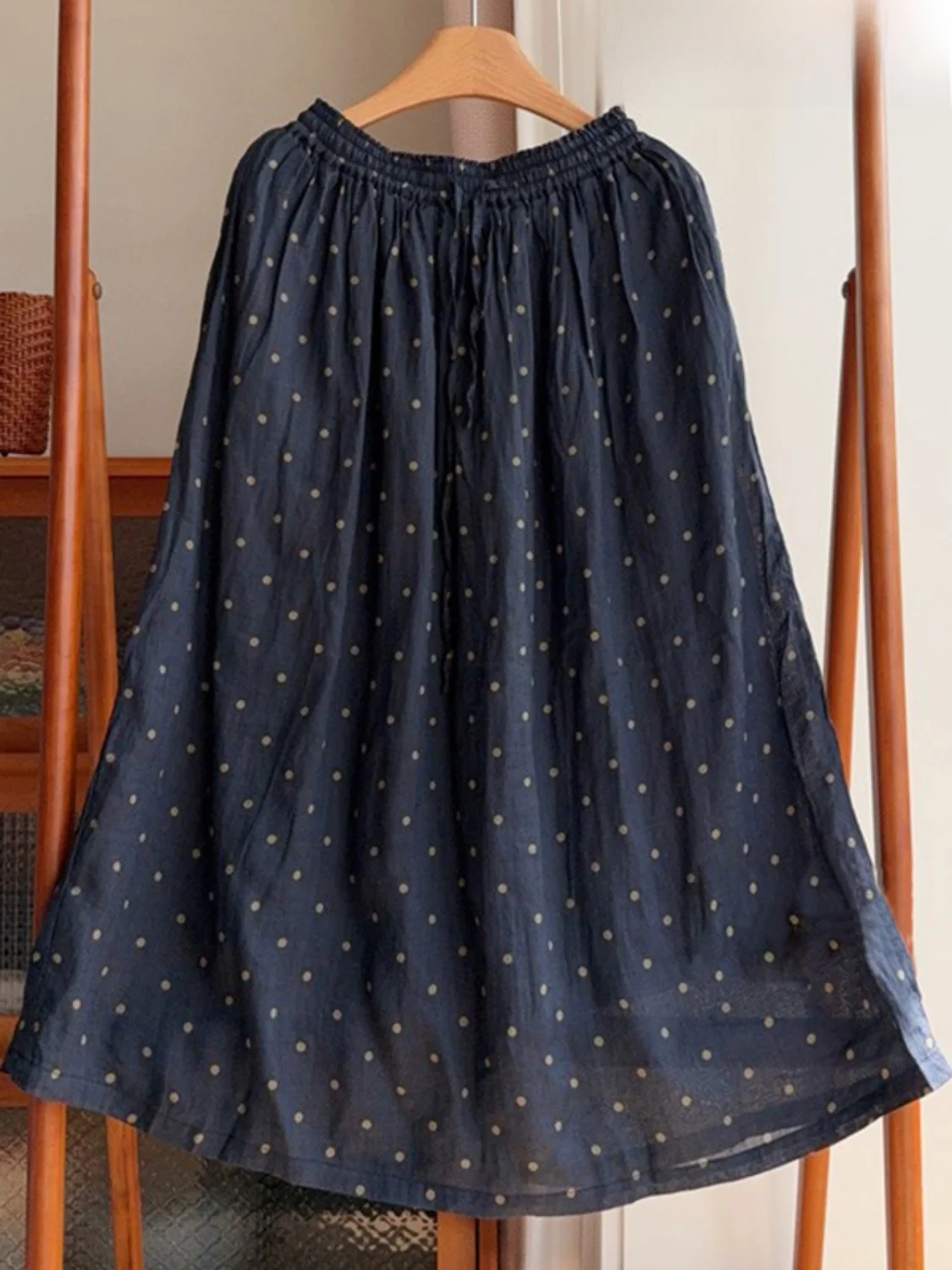 

Retro Artistic Polka Dot Flax f Skirt Women's Spring Summer Lightweight Breathable High Waist Dra Slim A-Line Skirt