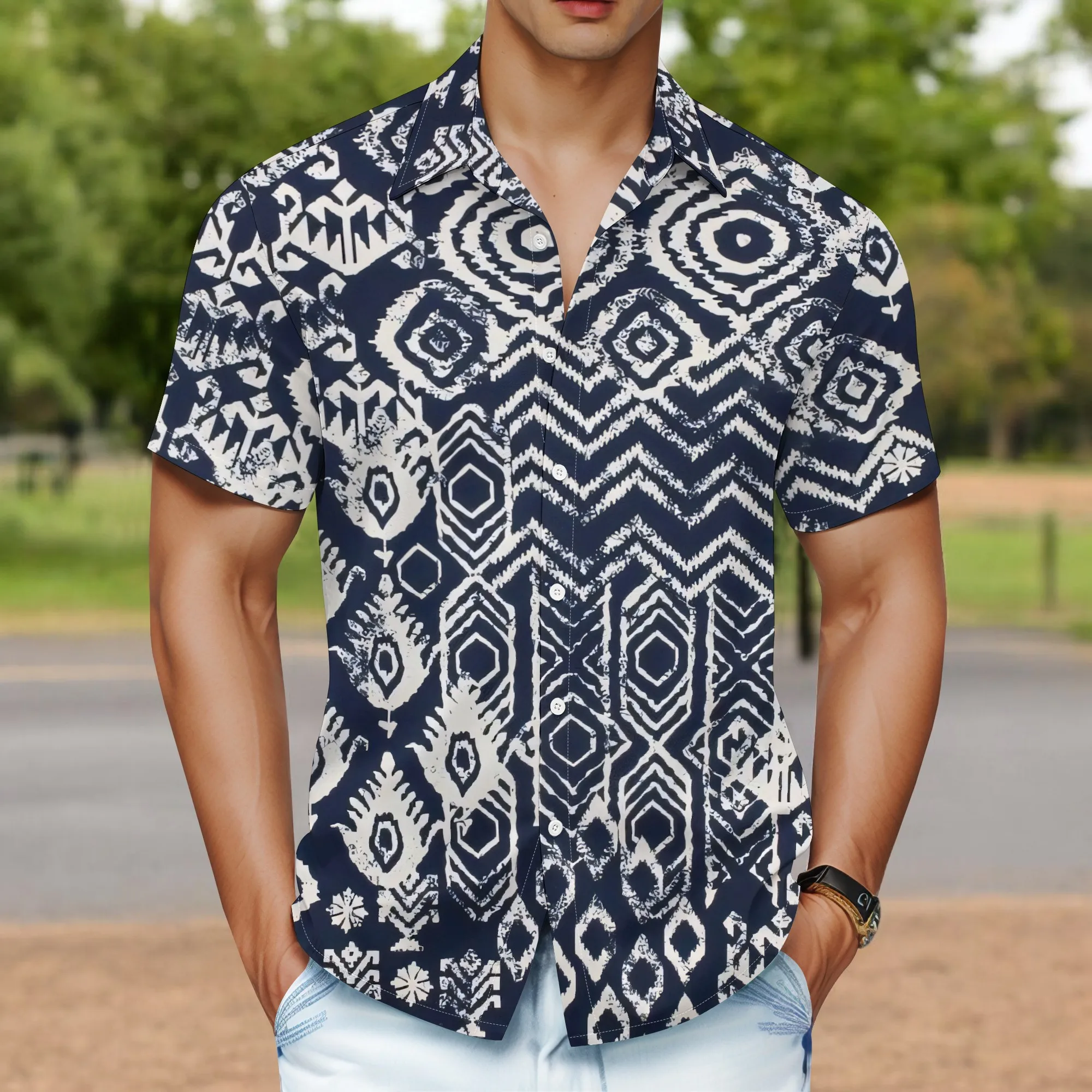 YEAE Men's Green Leaf Printed Shirt 100% Cotton Short Sleeve Casual Beach Fall Modern Style