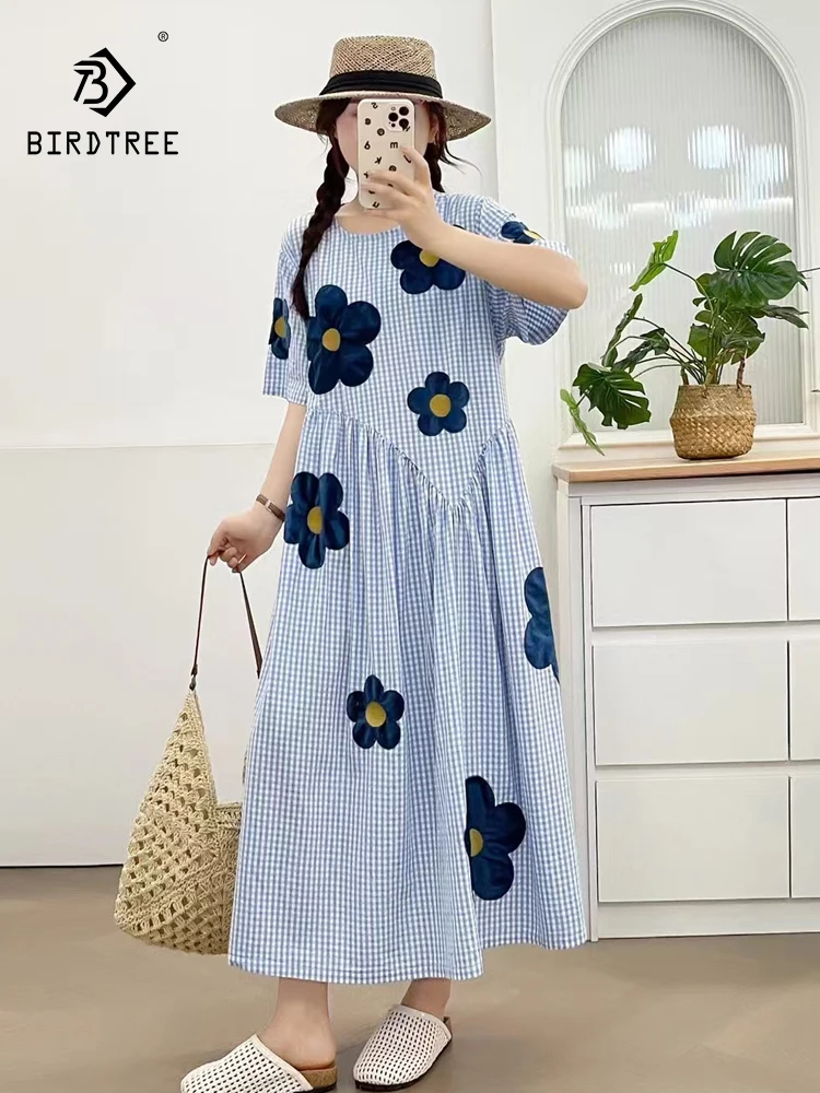 

New 2025 Summer Cotton Short Sleeve Dresses, Women O Neck Flocking Flower, Mori Girl Vintage Sweet Plaid Loose Dress D57225CC