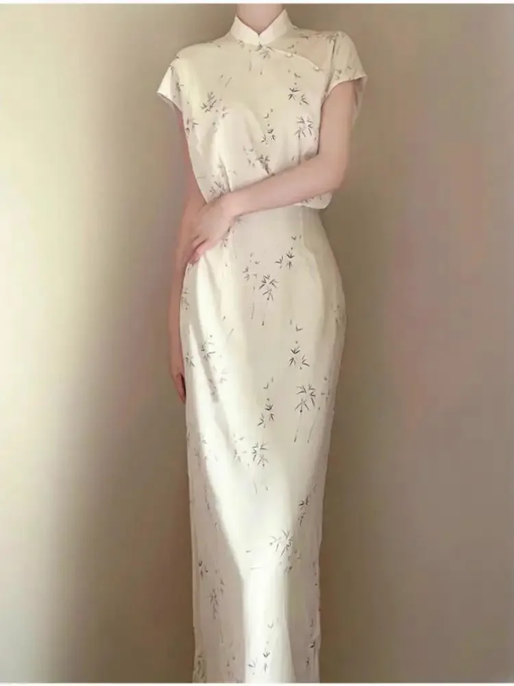 

Женское бежевое улучшенное длинное платье Cheongsam с цветочным принтом, винтажное платье с коротким рукавом, костюмы в китайском стиле, свадебное вечернее платье от S до Xxl