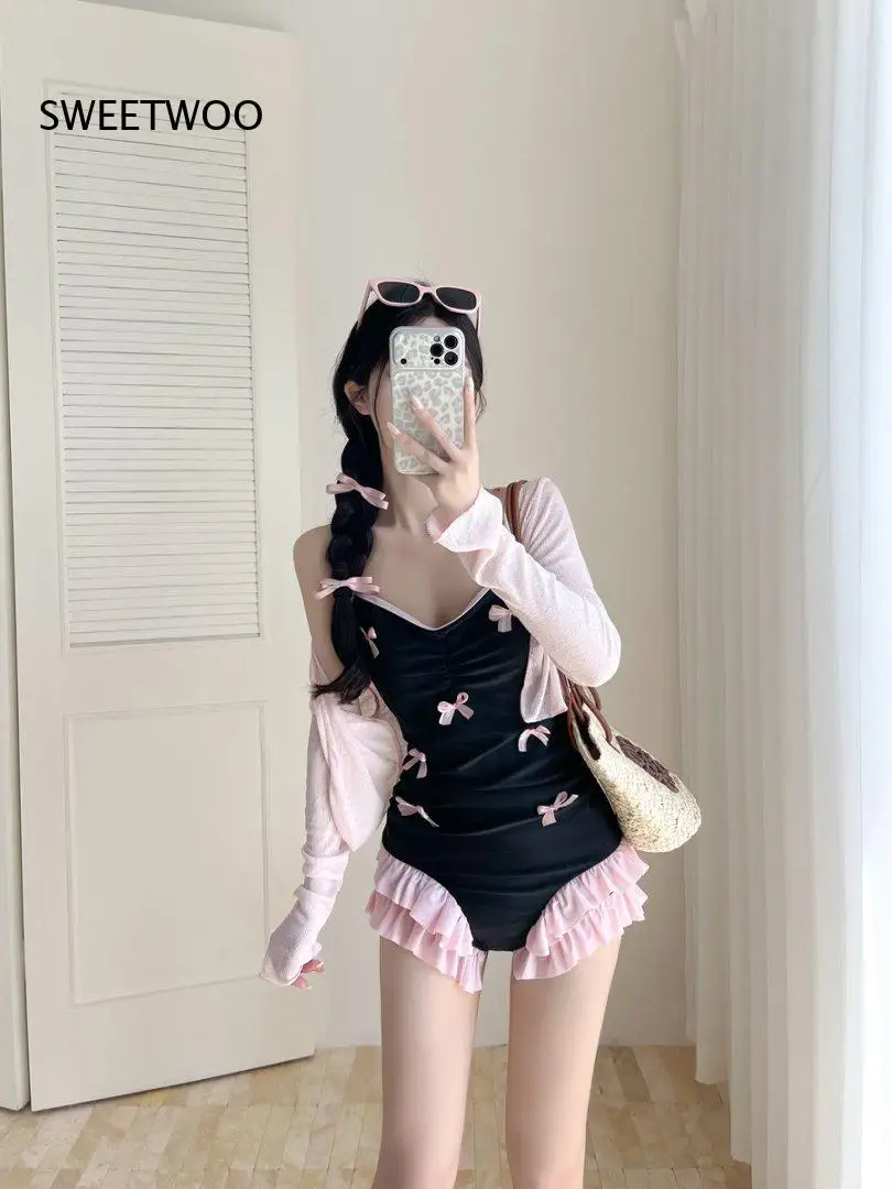 Sweet Black Pink Color Swimsuit Strap Bow Decor One Piece Swimwear Long Sleeve Cover Up Two Set Bathing Suit for Holiday
