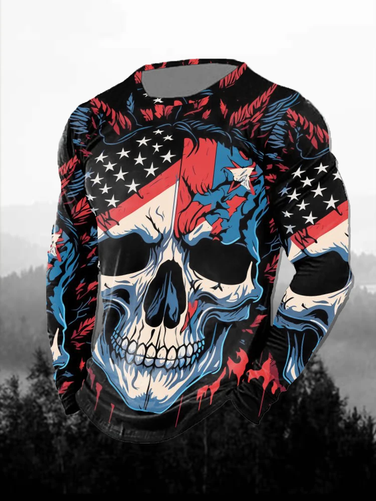 Mens Long Sleeve T- Shirt  Dark Gothic Style With Distinct Vintage Print -Halloween Design Trend-Setting Tee for Stylish Men