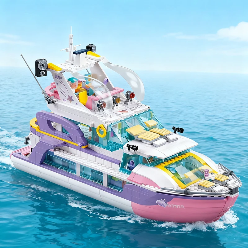 Kit de blocs de construction de Yacht de fête de créativité-MOC filles amitié fête de mer figurines de piste de danse modèle de bateau rose briques jouets cadeau
