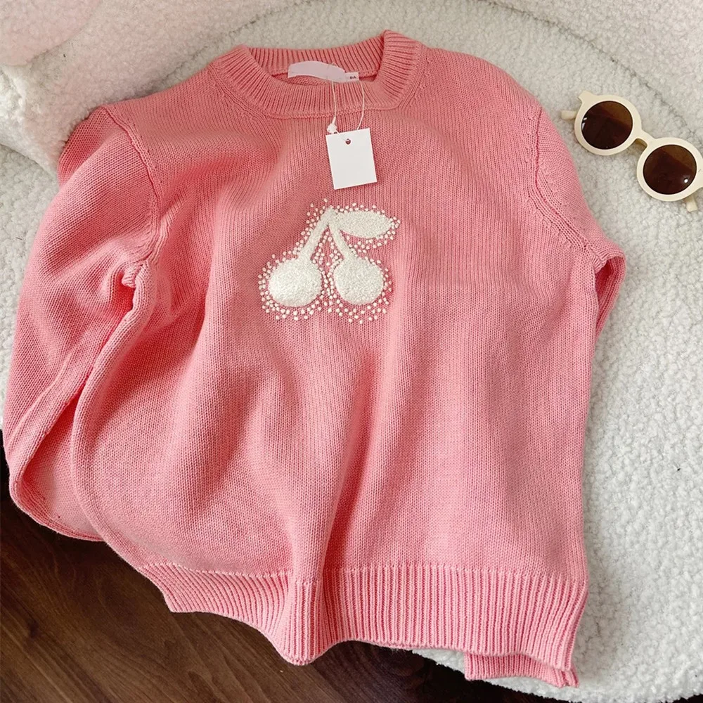

Весенние детские свитера для девочек, оранжево-розовый вязаный свитер с вышивкой вишневым узором, милый пуловер для девочек