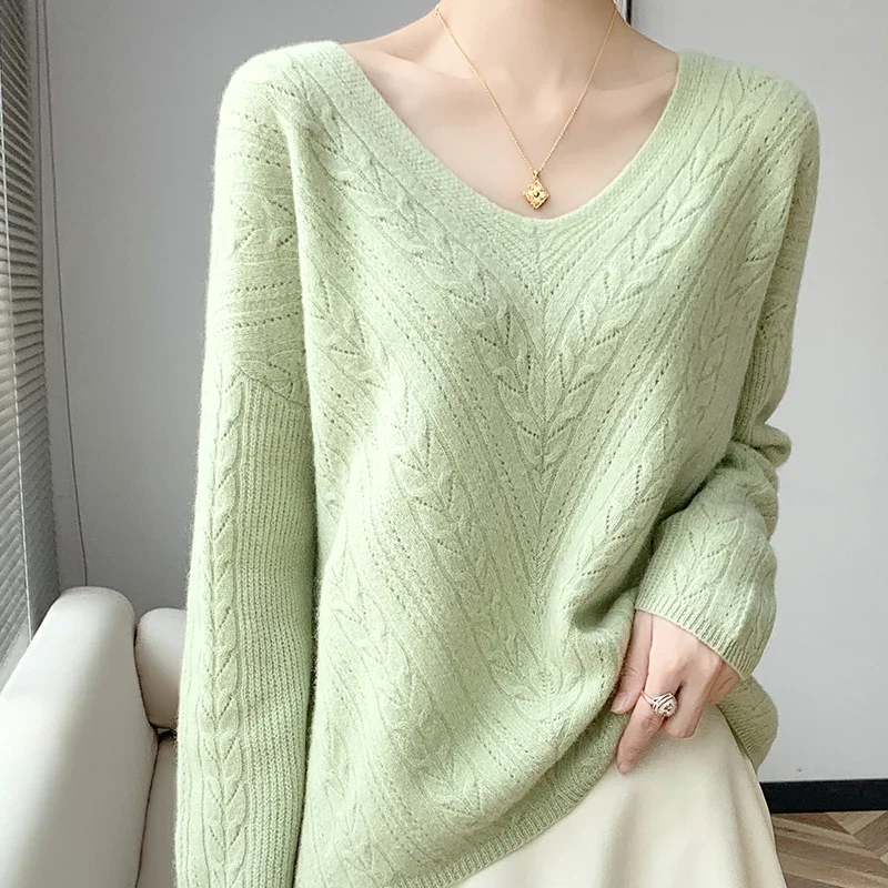 Autumn Winter 100% Wool Sweater Women\'s V-Neck Pullover Loose Hollow Sweater Cashmere Women\'s Long Sleeve Top Large Size Sweater