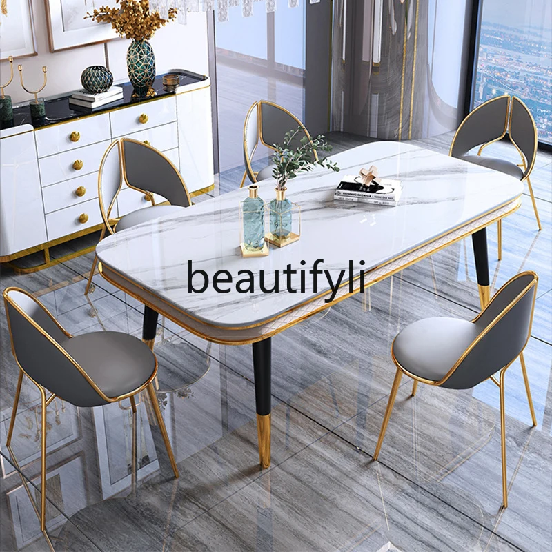 

Slate dining table modern simple light luxury marble rectangular table and chair combination economical