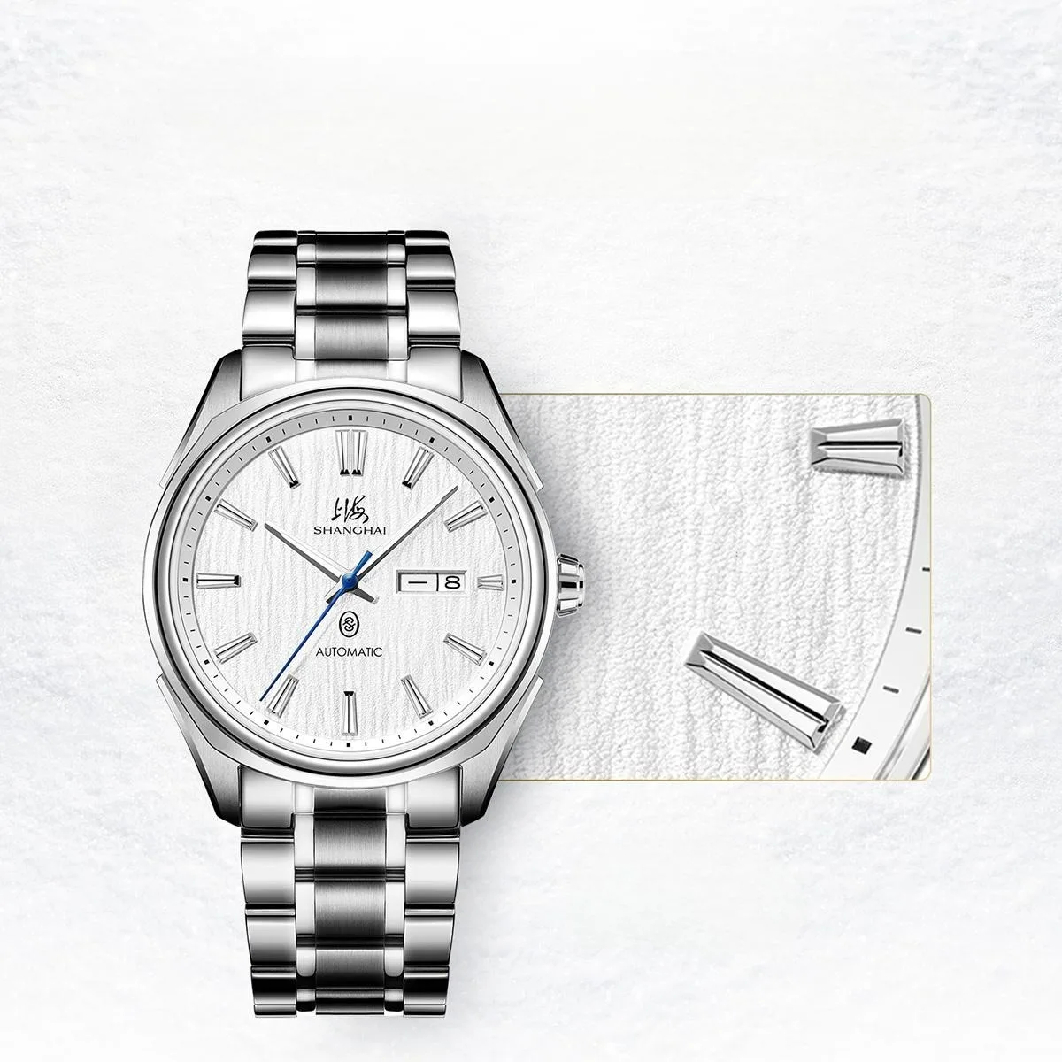 Shanghai Day-Date Automatic Watches For Men 41mm 316L Stainless Steel Mechanical Wristwatch 5 Bar Water Resistant Clock Dual-Calendar 3D Glacier-Patterned Dial Sapphire Crystal Glass Timepiece Business Casual SH009