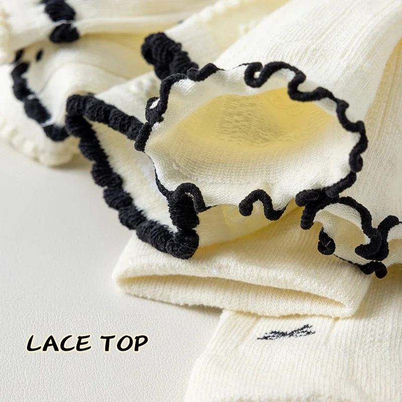Trendy Cotton Solid Children Girls Lace Socks 5 Pairs Bow Ties Soft Breathable Striped Non-slip Half Princess Socks for Girls image 4