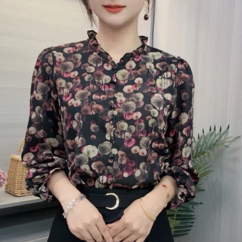 

Spring Autumn Fashion Printing V-neck Long Sleeve Blouses Women's Clothing Edible Tree Fungus Floral Button Loose Simplicity Top