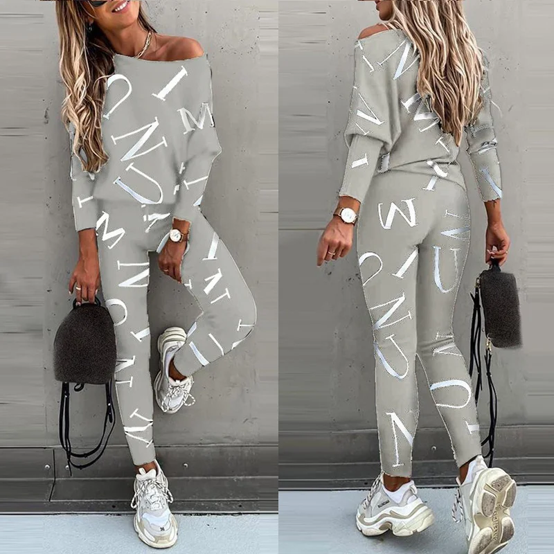 Women Sportswear Suit 2022 Autumn New Fashion Letter Print Fit One Shoulder Long Sleeve Top High Waist Drawstring Long Pants Set