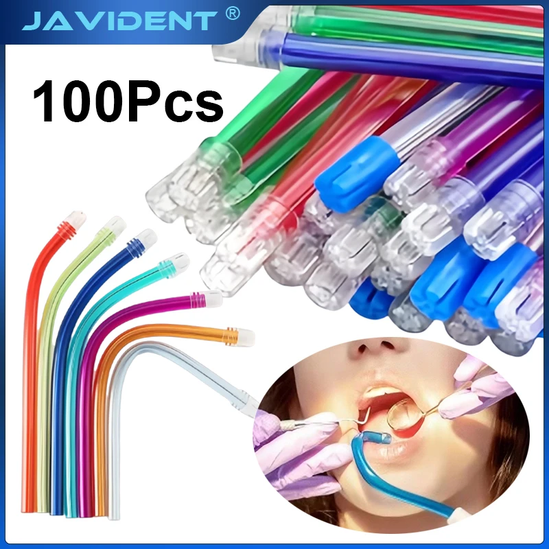 100 pièces/sac Ejecteur de salive dentaire jetable, embout d'aspiration flexible, tube d'évacuation transparent avec tube coloré, outil de soins bucco-dentaires 1