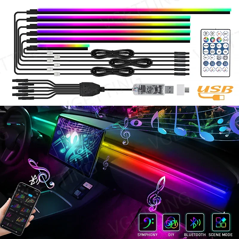 110/140CM 6in1 Interior LED Ambient Lights For Tesla Model 3 Y S X Full Color RGB LED USB APP Control Remote Acrylic Atmosphere
