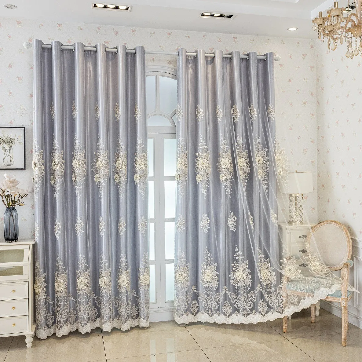 1PC New European Embroidered American Cryptic Double Layer Curtains, Multiple Colors Available, Hole Processing, Light Blocking,