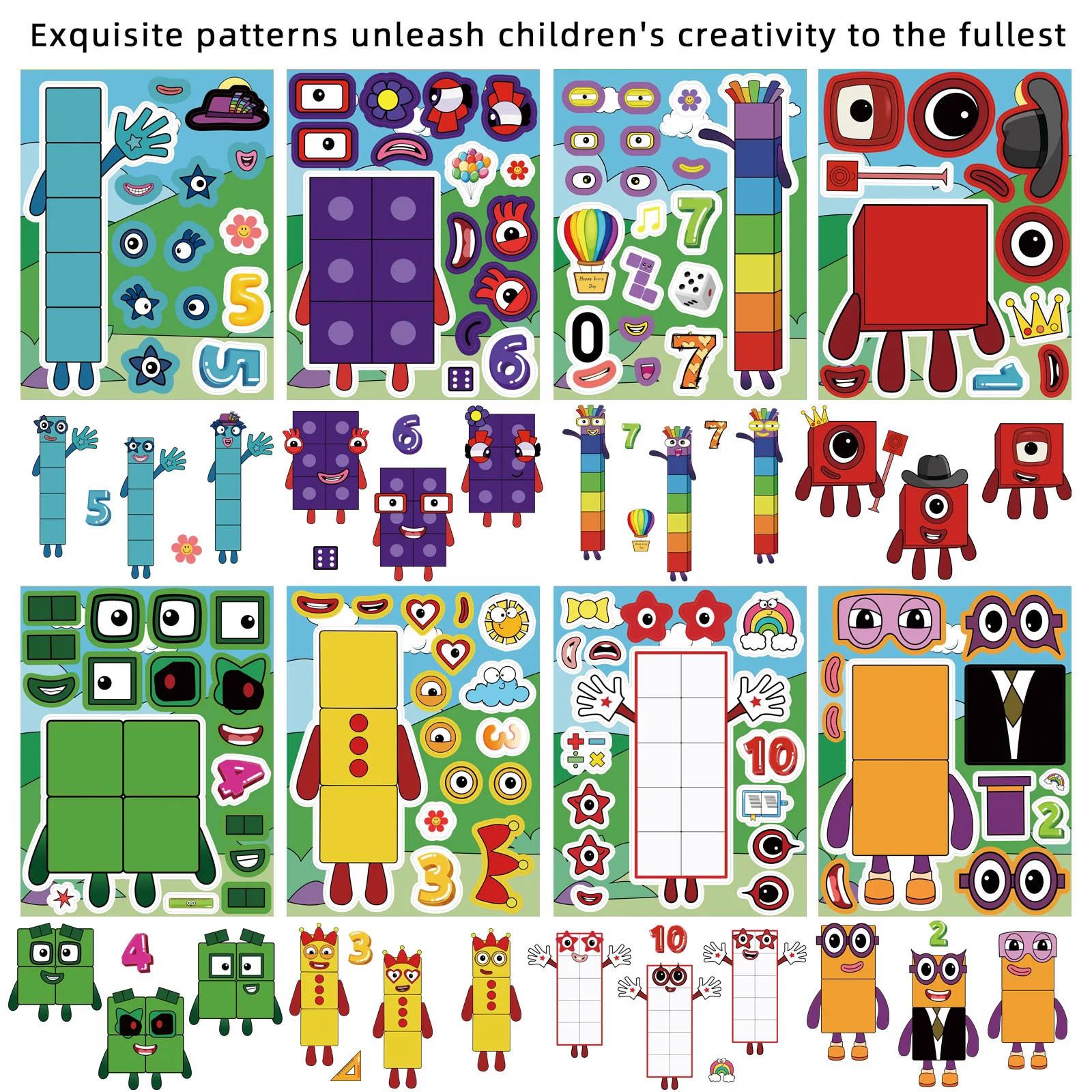 8/16/24 SHEETS Digital Building Blocks Cute Puzzle Stickers Cartoon Building Blocks Children Stationery Decor DIY Face Stickers