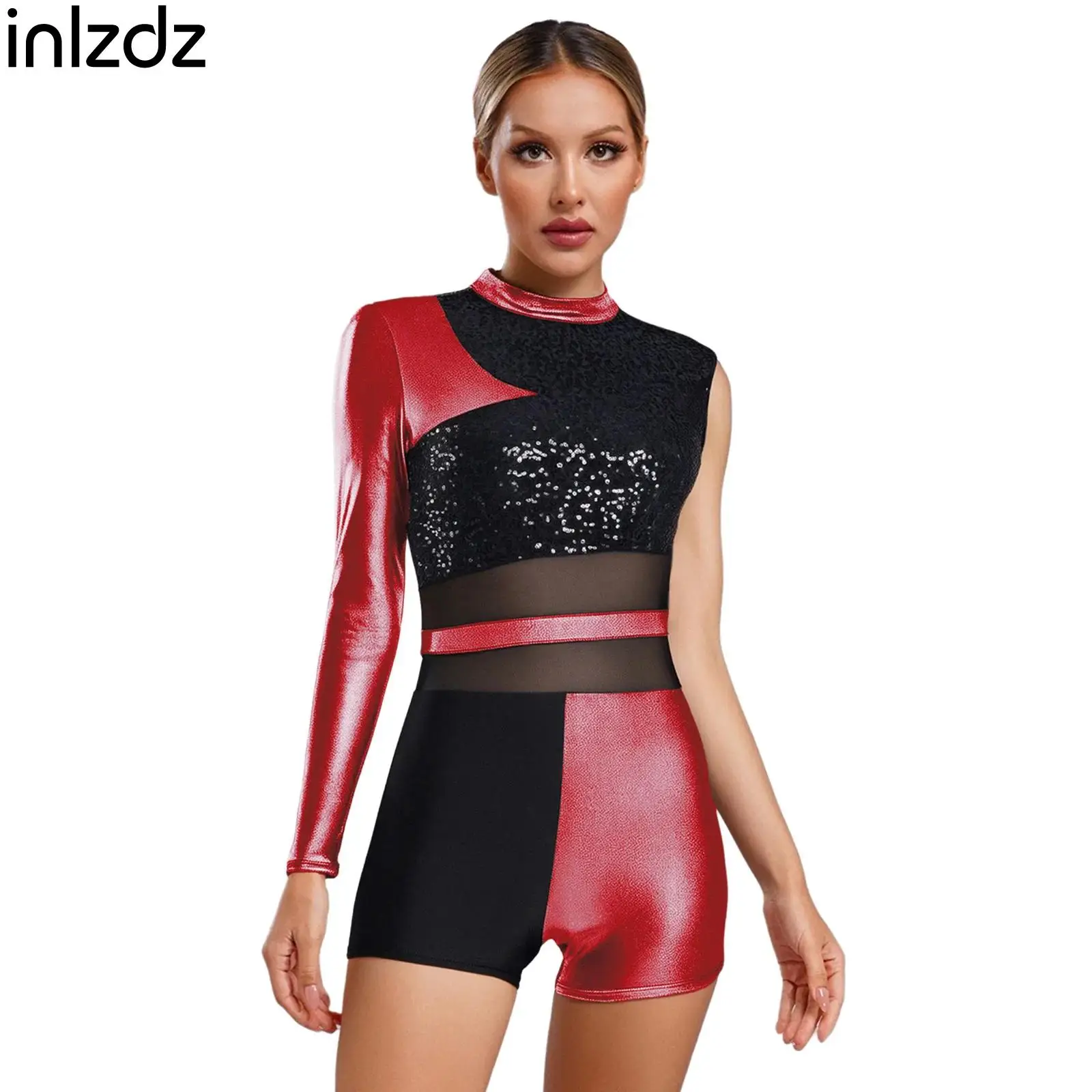 

Womens Fashion Latin Dance Asymmetrical Bodysuit Backless Boyshort Glittery Sequins Leotard Cha-cha Ballet Ballroom Dancewear
