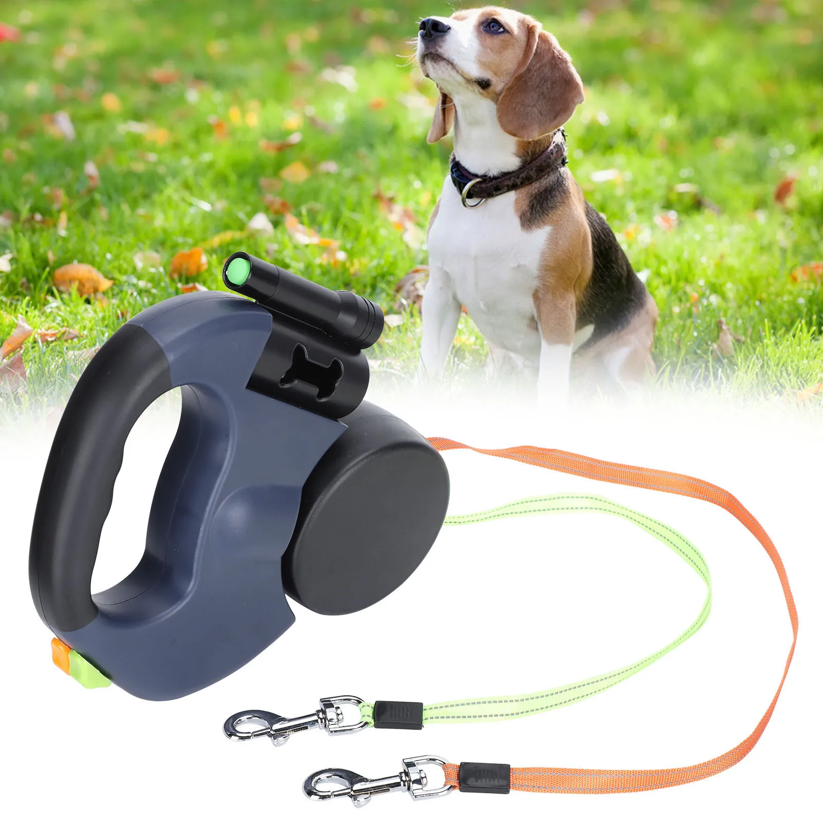 ZK40 Dual Pet Walking Leash สายจูงสุนัขแบบยืดหดได้ 360 °   หมุนด้วยไฟฉาย LED