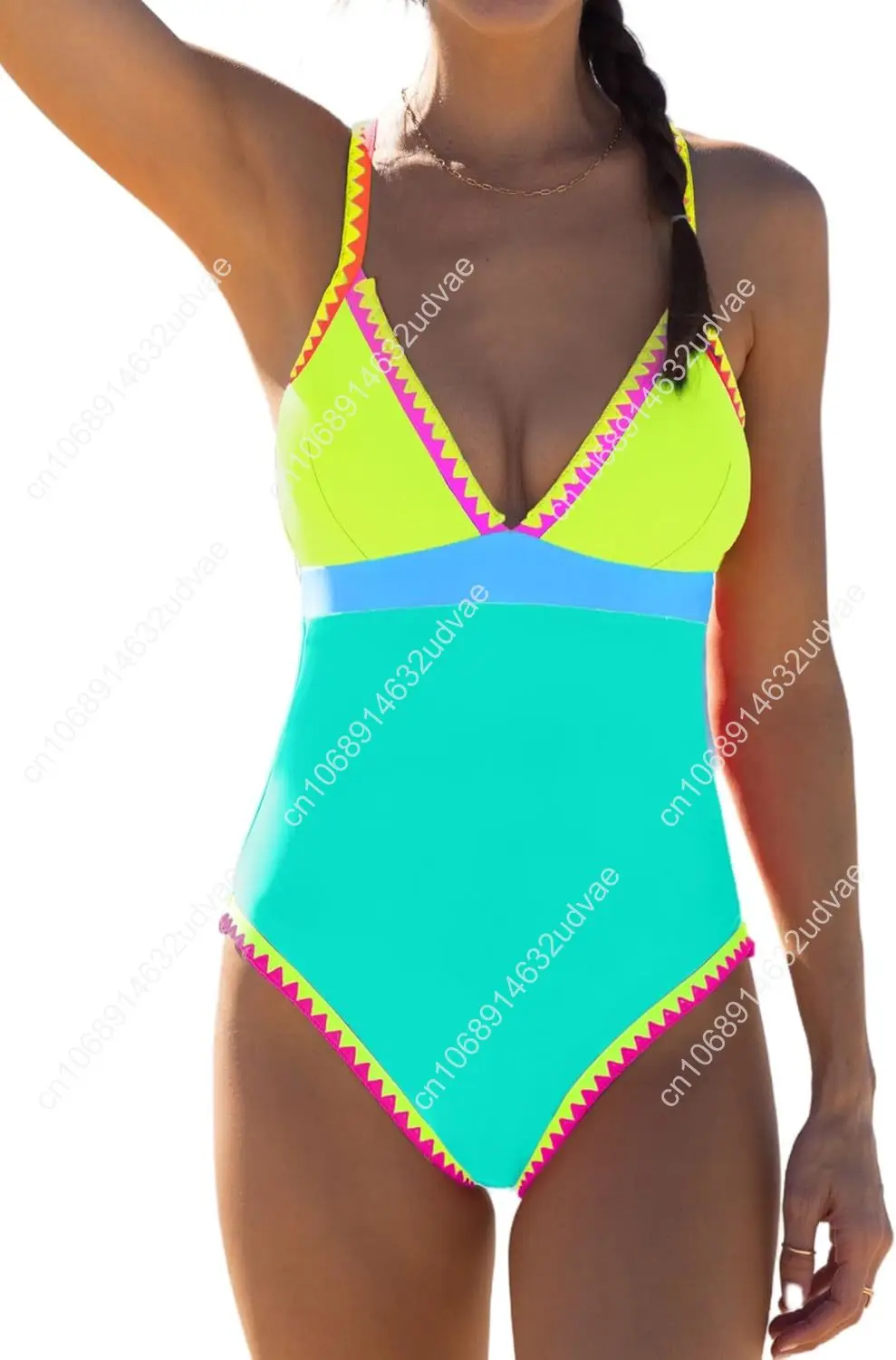 Popvil néon couleur bloc une pièce maillot de bain pour femmes ventre contrôle col en V maillot de bain plongeant coquille garniture maillots de bain cravate dos