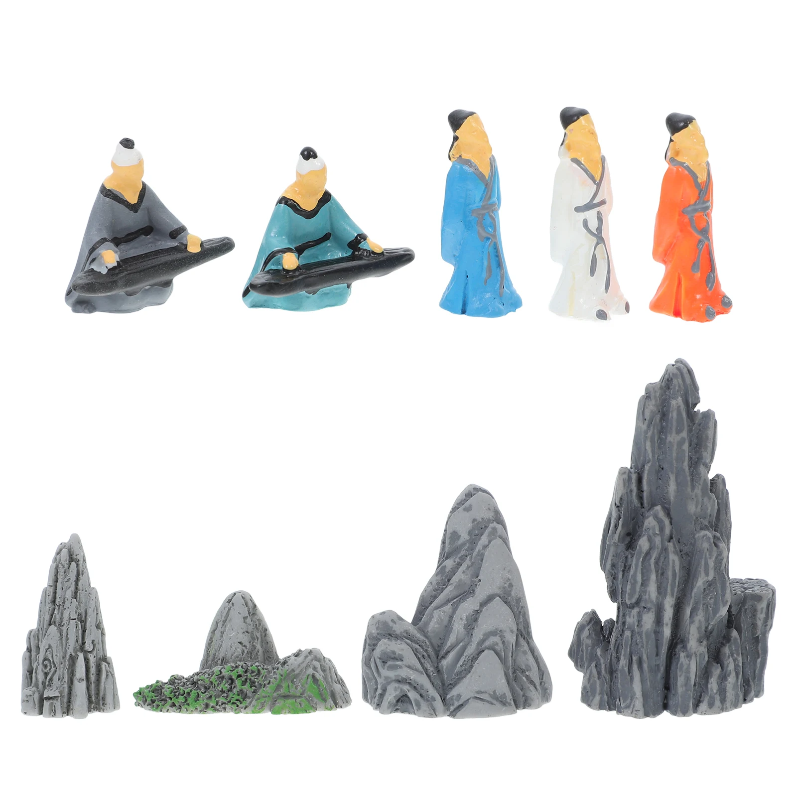 

9pcs Miniature Bonsai Figurines Realistic Resin Sculptures Durable Material Chinese Style Accessories Piano Statue Mountain