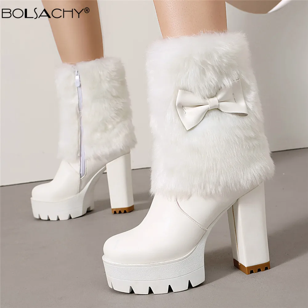 Women's Fur Platform Ankle Boots Shoes Fashion Bow 11CM High Heels White Black Autumn Winter Short Boot Ladies Large Size 34-50