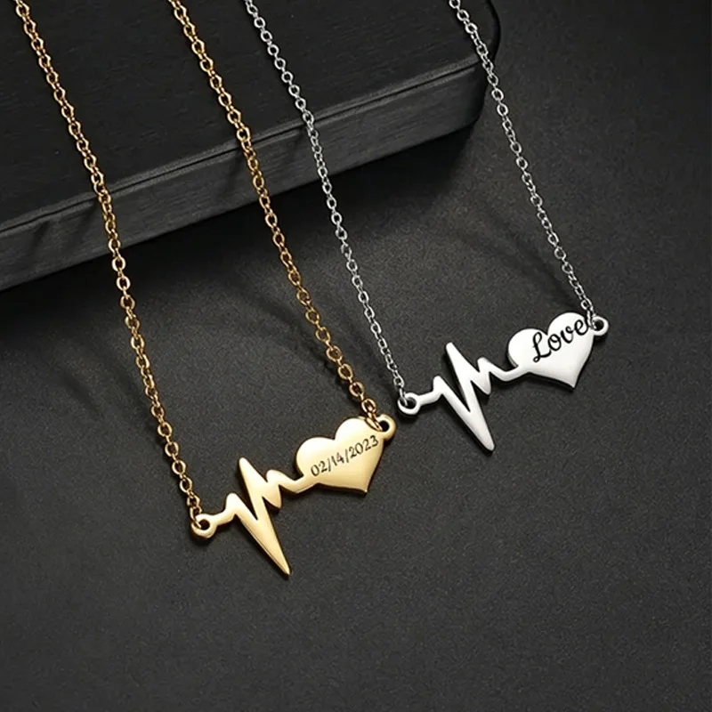 Custom Heart ECG Necklace Laser Engraved Name Date Stainless Steel Heartbeat Pendant Jewelry