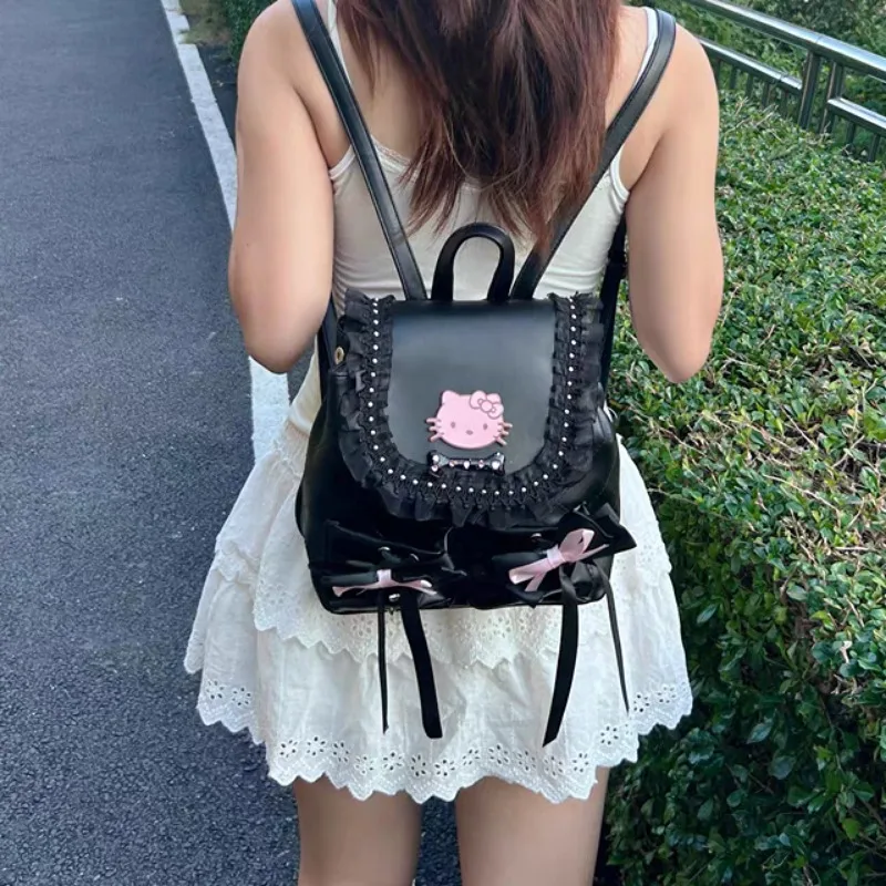 Xiuya Black Hello Kitty Womens Backpack Sweet Bow Fashion Elegant Cute Backpacks Casual Pu Leather Lolita Jk Vintage Female Bags