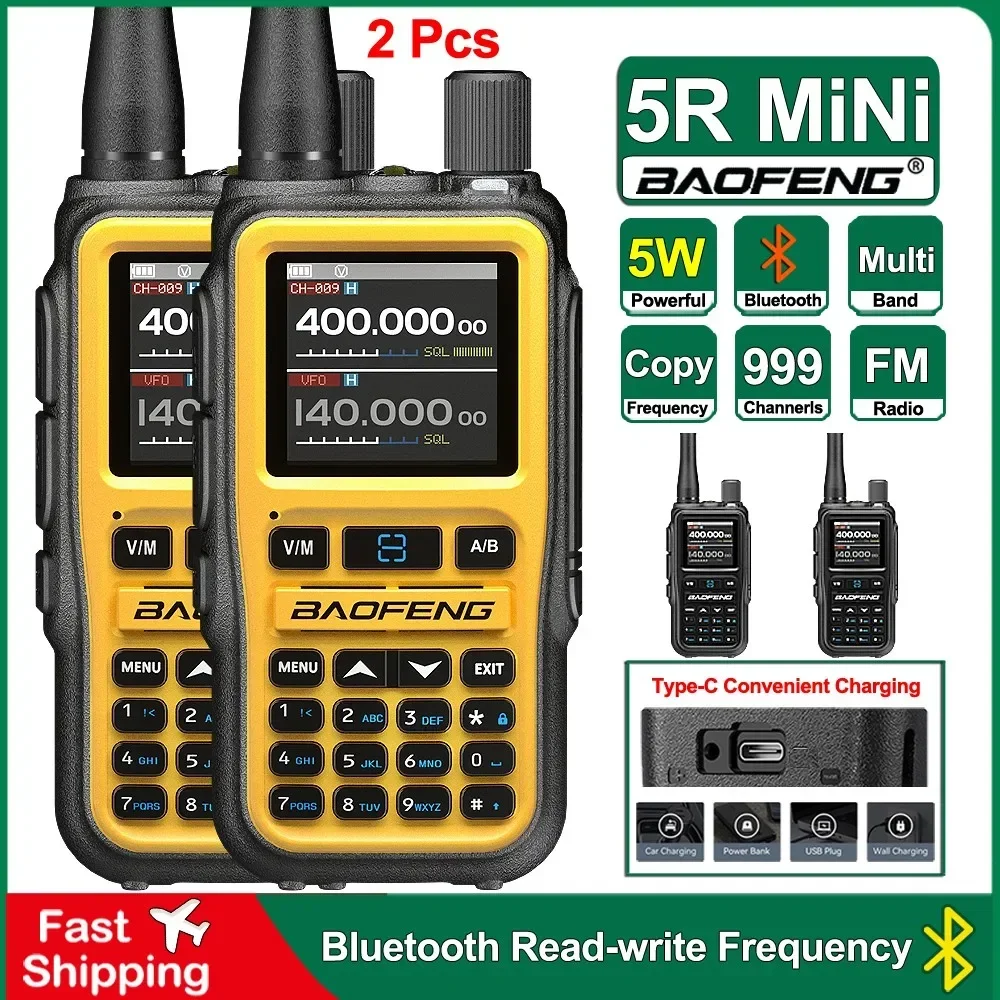 2Pcs Baofeng 5R Mini Walkie Talkie Bluetooth APP Read/Write Frequency Multi Band Type-C charge Long Range 2Way 5Rmini Ham Radio
