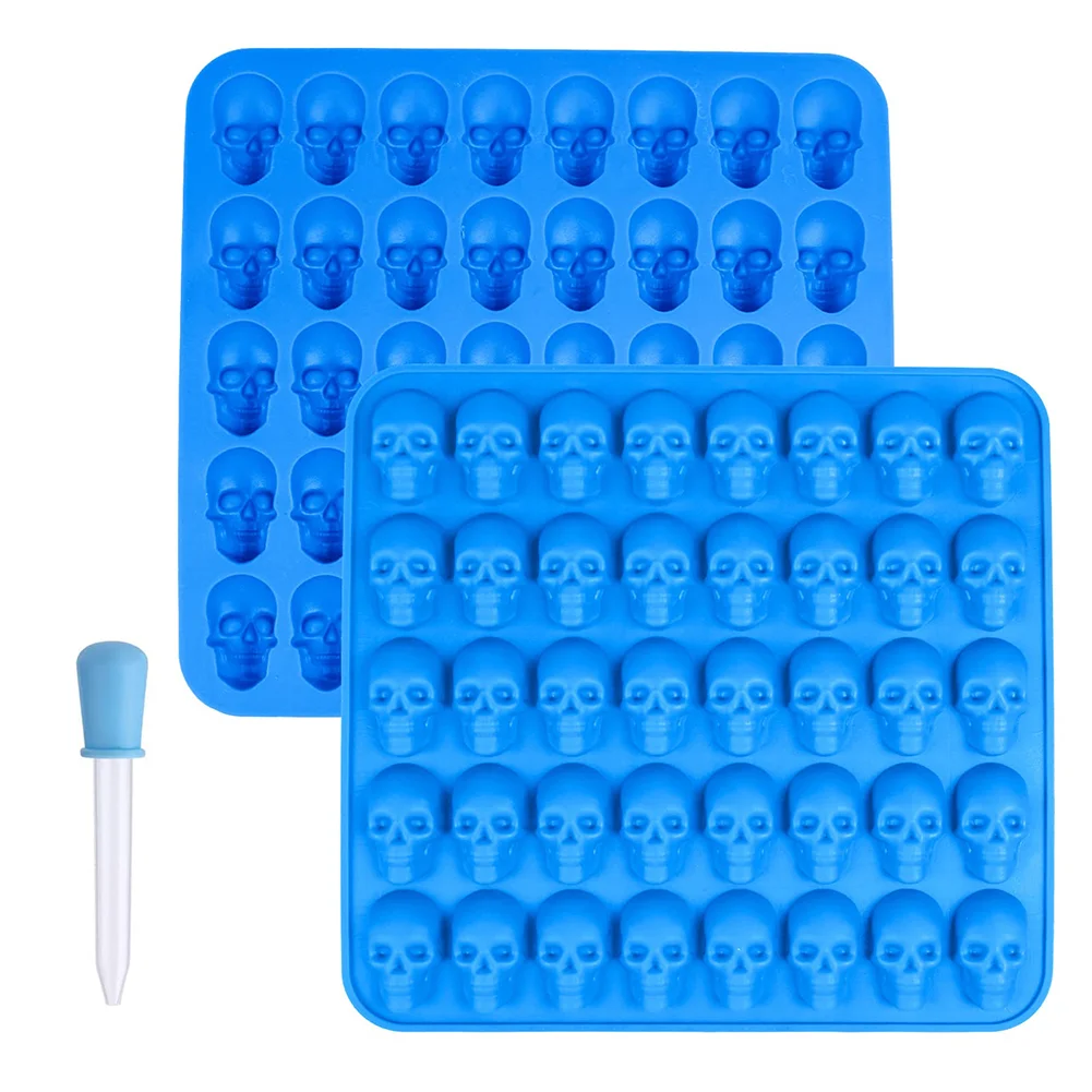 2Pcs Skull Candy Mould with Dropper 40 Cavity Silicone Mini Non Stick 3D Skeleton Head Sugar Chocolate Mold Kitchen Baking Tools