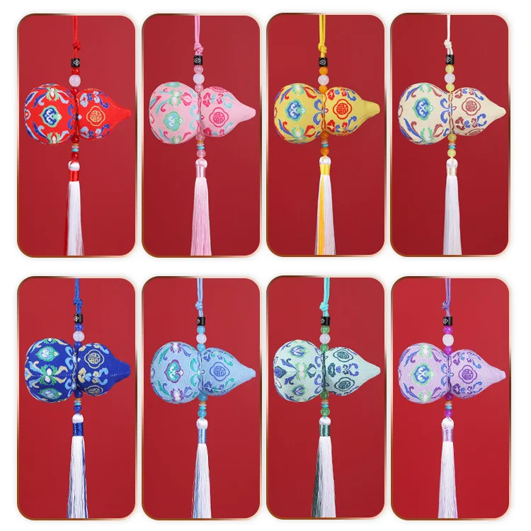Chinese Style 5x11cm Gourd Shaped Embroidered Sachet Lucky Blessing Tassel Pendant Portable Silk Cotton Aromatherapy Bag Car Han