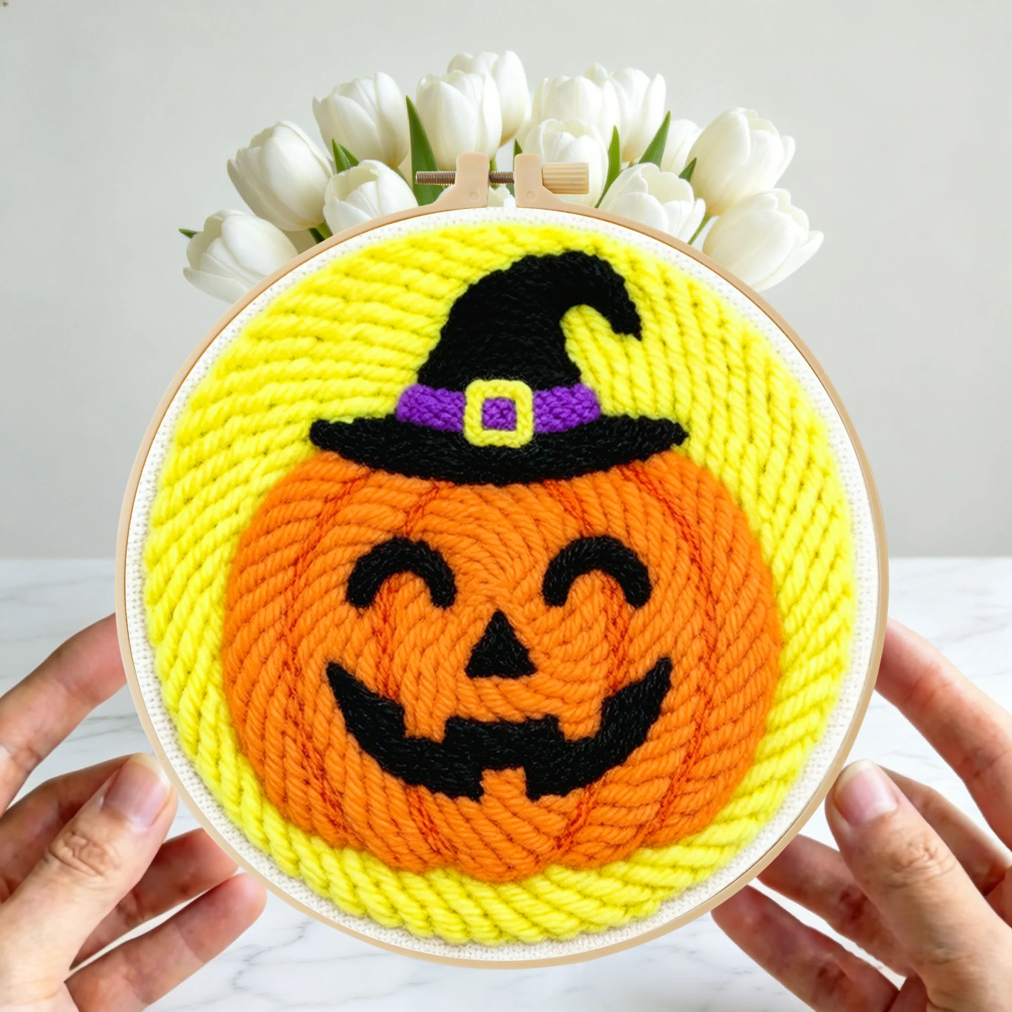 Halloween-Themen-Punch-Needle-Set 20x20cm 1 Stück Gruseliger Kürbis-Geist Stickerei-Set DIY-Bastelset für Heimdekoration und Süßes oder Saures Party – Detail 4