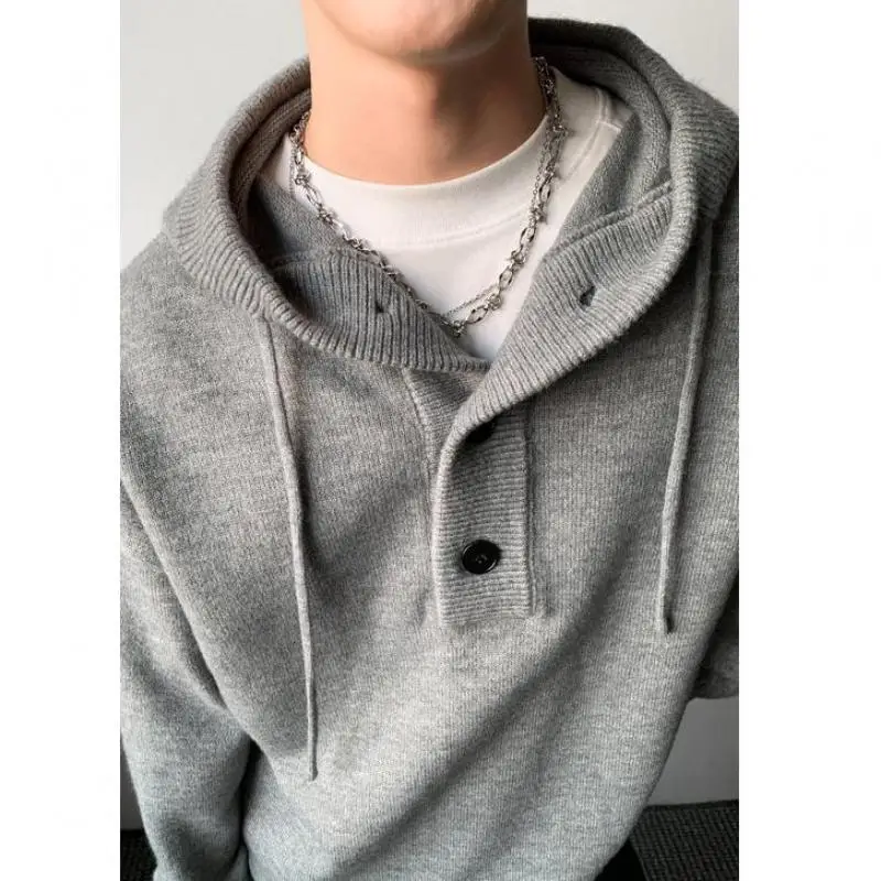Solid Color Single Button Semi-open Drawstring Hoodie Sweater, Long Sleeve Loose Knit Top for Spring Autumn Casual Streetwear