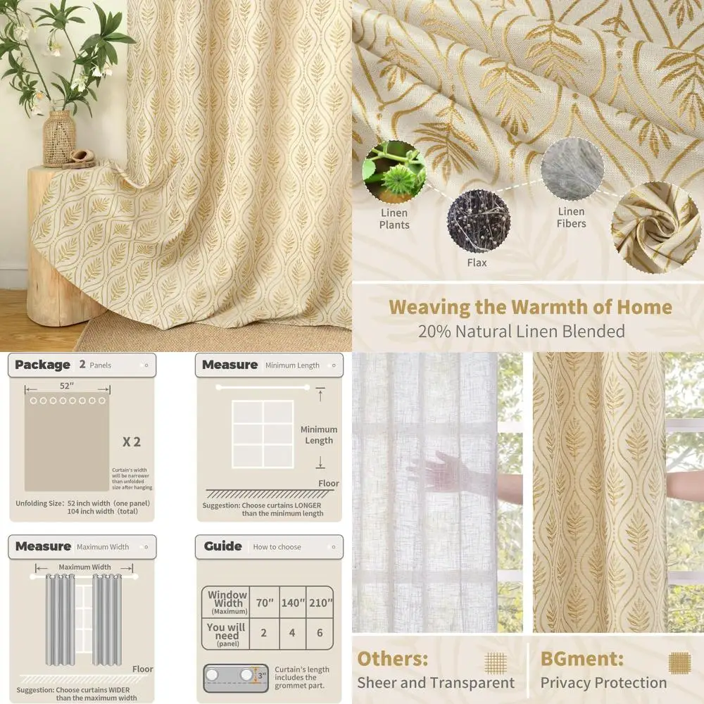 

Полупрозрачные льняные шторы во французском стиле кантри с ботаническим узором, 2 панели, 52x96 дюймов для гостиной