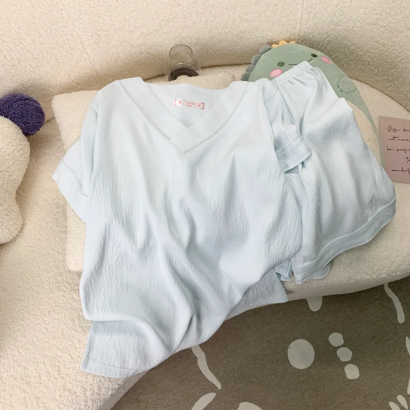 

2025 летние новые однотонные женские пижамы с v-образным вырезом, повседневный модный пижамный комплект из 2 предметов, короткий домашний костюм для женщин, простой корейский стиль