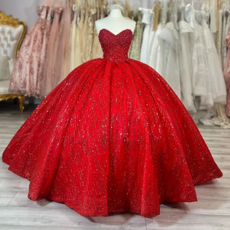 

Red Shiny Ball Gown Quinceanera Dresses Off The Shoulder Beading Crystal Party Birthday Sweet 16 Dress Vestidos 15 De Anos