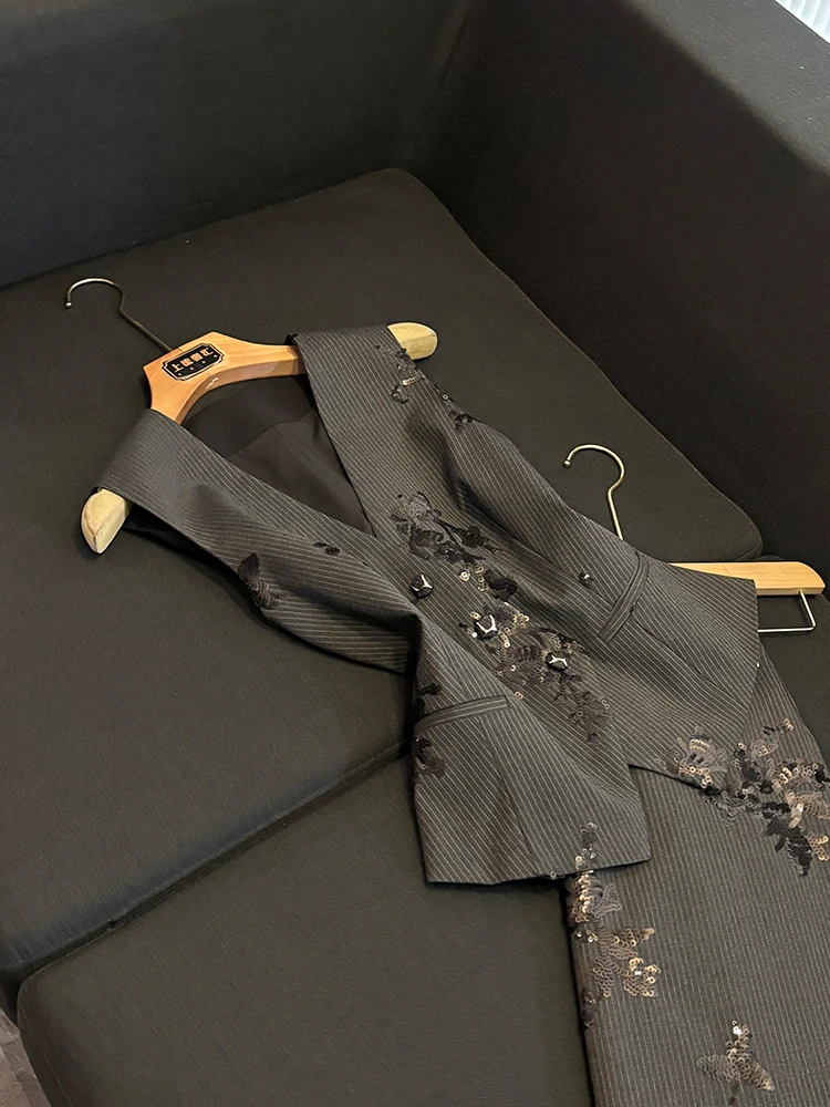 Retro sle lantejoulas bordado listrado colete e renda retalhos saia conjunto feminino faion conjunto outono inverno nova chegada